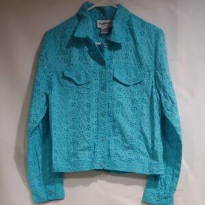 NORTH STYLE CROPPED AQUA BLUE VINTAGE EYELET LACE JACKET BUTTON FRONTCOTTON M